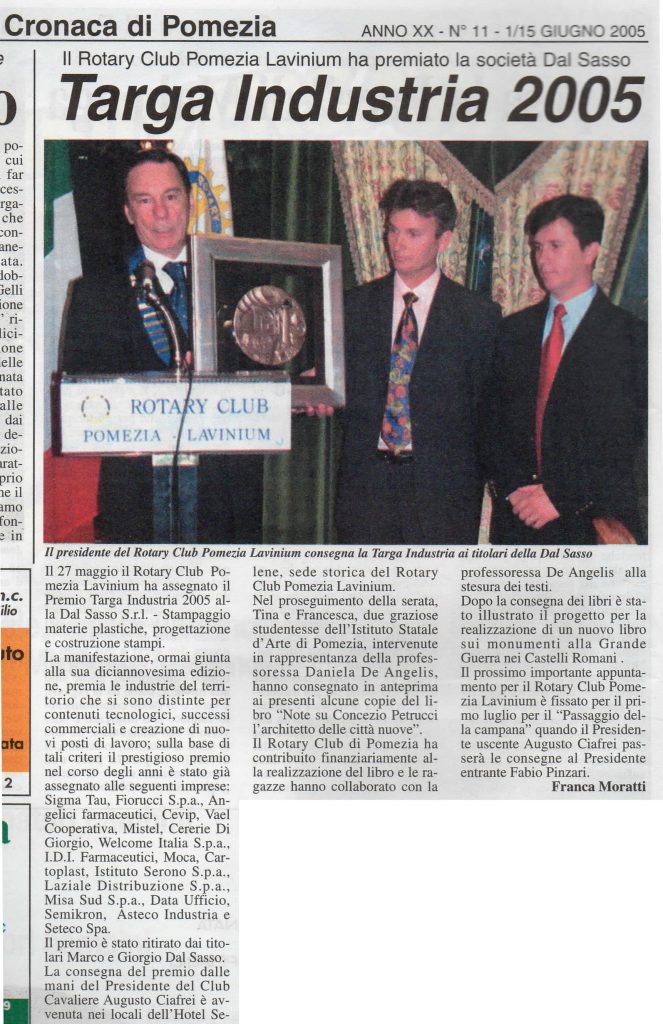 L'articolo sul premio assegnato alla Dal Sasso srl dal Rotary club