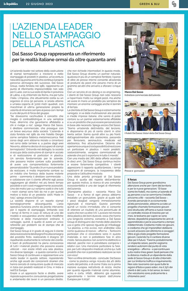 Articolo Repubblica Green e Blue su DS Group azienda leadwer nello stampaggio della plastica